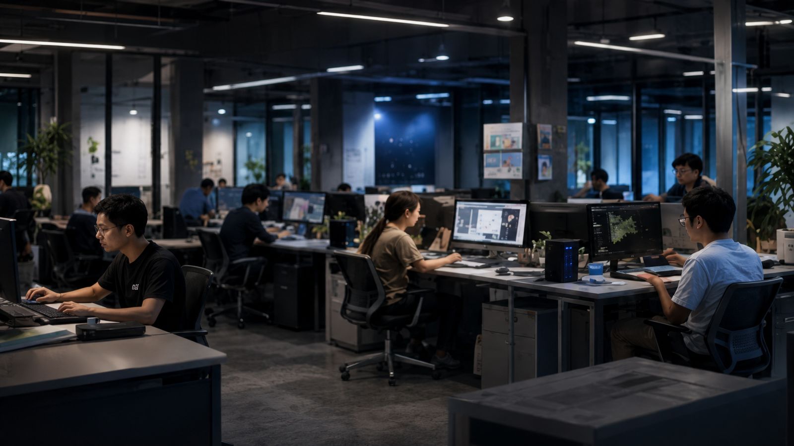 研发办公区里团队各自在工位上工作的环境图